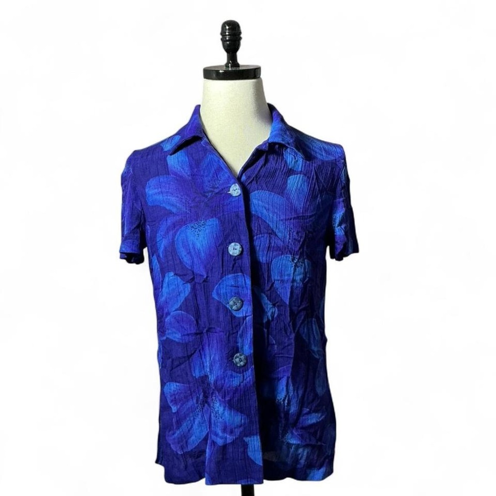 Jessica Howard Coastal Floral Button Down Shirt Womens L Blue Tropical Crinkle